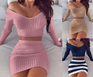 Women Ladies Casual Bodycon Knit Sweater Top + Mini Dress Skirt Set Party Club