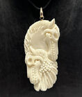Horse Skull Pegasus Sterling Silver 925 Hand Carved Cow Bone Pendant Necklace