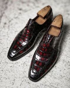 Handmade men burgundy crocodile dress shoes, leather oxford derby shoes for mens