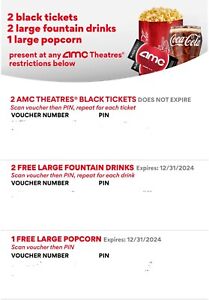 AMC Movie Theaters, 2 Black Tickets, 2 L Drinks, 1 L Popcorn | Fast E-DELIVERY
