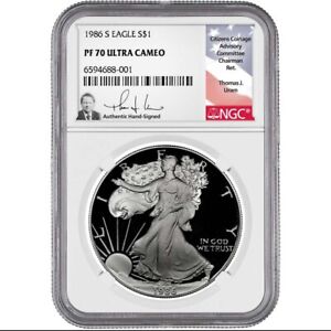 1986 S PROOF SILVER EAGLE NGC PF70 UC HAND SIGNED THOMAS URAM FLAG LABEL LOW POP