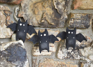 Set of 3 Primitive HALLOWEEN Bats Ornies w/ Curly Wire Hangers ~  6