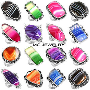 Natural Multi Banded Agate Rings Lot Gemstone 925 Silver Plated