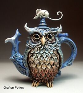 Owl & Mouse Teapot Pottery Sculpture by folk art face jug maker Mitchell Grafton