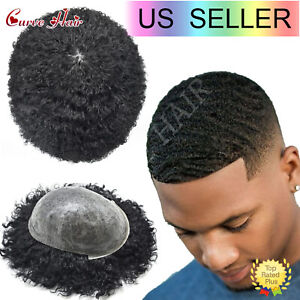 Afro Curly Toupee Black Men Hairpiece Full Poly Thin Skin Hair Replacement Syste