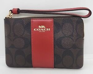 NEW Coach Signature PVC Leather Corner Zip Wristlet #58035 Brown/Red