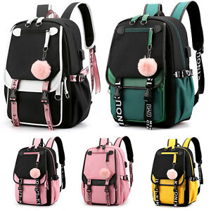 Women School Bag Oxford Waterproof Girls Backpack Rucksack w/ USB Charging Port
