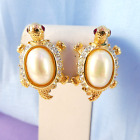 Super Cute Turtle Earrings Clip On Faux Pearls & Crystals Red Eyes Gold Tone