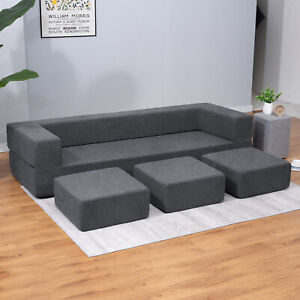 Convertible Velvet Futon Sofa Bed with 3 Ottomans,Queen Couch Bed Sleeper Sofa