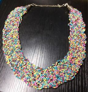 Vintage Multi Strand Braided Multicolor Glass Seed Bead Bib Necklace 18” - 21”