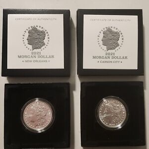 SET OF 2: 2021-CC & 2021-O Morgan Silver Dollars with privy marks, OGP and COA