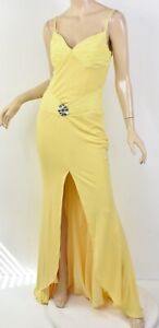 JOVANI Canary Yellow Y2K Ruched Jeweled Waist Strappy Back Maxi Gown w/ Train 2