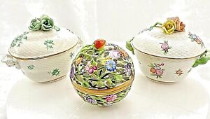 HEREND HUNGARY FLORAL PORCELAIN HAND PAINTED LIDDED TRINKET JEWELRY BOX Exc.