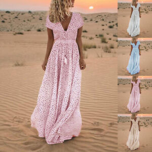 Women's Polka Dot V Neck Long Maxi Dress Ladies Boho Summer Holiday Sundress US