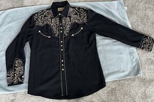 Scully Western Pearl Snap Embroidered Cowboy Rodeo Shirt Black Gold Size M P-852