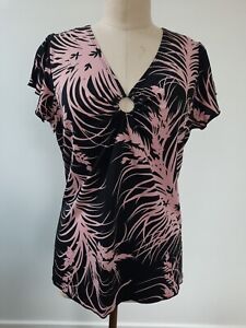 VTG Julie's Closet Short Sleeve Top Shirt Size 2X Pink Black Keyhole V-Neck
