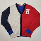 TOMMY HILFIGER Men's Size XL Red White Blue Color Block CARDIGAN Sweater Cotton