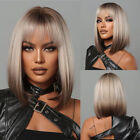 Short Straight Synthetic Wigs for Women Blonde to Brown Ombre Bob Wig with Bangs