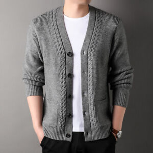 Mens Long Sleeve V Neck Winter Twisted Cardigan Coat Outwear Knit Sweater Jacket
