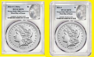2021 CC S Morgan Silver Dollar 2 COINS PCGS MS70 First Day of Issue 100th Ann