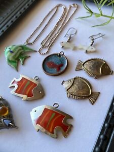 Vintage Native Mexico Sterling Fish Jewelry Guilloche Enamel Collection