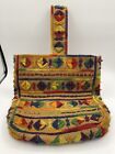 VTG Handmade BOHO Market Bag Tote Purse Coloful Yarn Burlap Red Lined Fabric