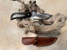 Large  High Carbon Hunting knife w/Black horn stocks in handmade leather sheath