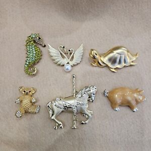 Vintage Jewelry 6 Pc Lot Rhinestone Animal Brooches Pins