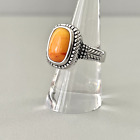 Ring Boho Cocktail Amber Tone Rectangle Cut Stone Silver Tone Cable Band Size 8