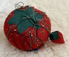 Vintage Sewing Pin Cushion With Strawberry Tomato And Various Pins