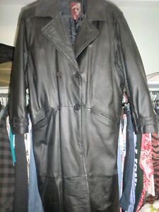 Womens G-III Long Button Leather Jacket padded Lined Trench Coat Black Size LG