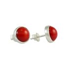 Sterling Silver 925 9.8mm Round Tiny Natural Red Coral Stud Earrings for Women
