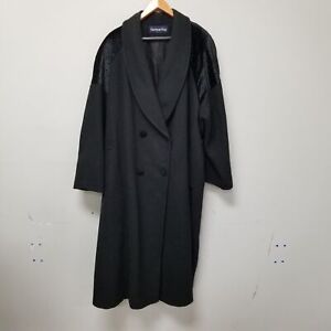 Vtg Herman Kay Black Wool Women's Trench Coat w/ Velvet Shoulders Sz 26W