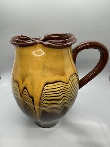 New ListingVintage Bulgarian Ceramic Pinched Jug Handled Vase Drip Glaze Gold Yellow/Brown