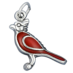 Red Enamel Cardinal Bird Christmas 3D 925 Solid Sterling Silver Charm USA MADE