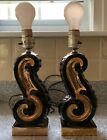 Vintage Pair KRON 12” Black Gold Swirl Ceramic Lamps Mid Century Modern Atomic