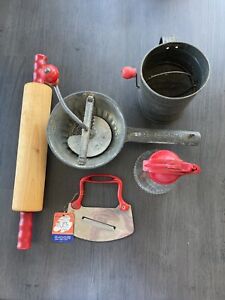 Collection of Five Vintage Kitchen Items With Red Trim.