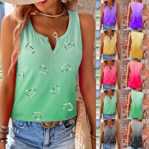 Women's V-Neck Heart Print Cami Tank Top Vest Ladies Summer Casual Slim Fit Tee