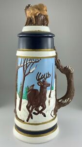 Vintage Ceramic Large Beer Stein Deer Buck Winter Snow Branch Handle Lidded U551