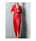 2023 Autumn Extra Long Red Soft Faux Leather Trench Coat Women Double Breasted
