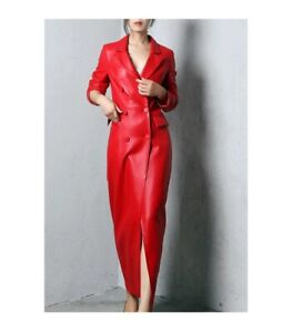 2023 Autumn Extra Long Red Soft Faux Leather Trench Coat Women Double Breasted