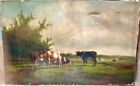 Large Mid-19C. Antique Oil Painting Cattle Grazing at Dusk Landscape 27x17