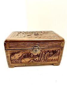 Antique Camphor Wood Wooden Box Chest Carved Folk Art Harvest Old Jewelry Box