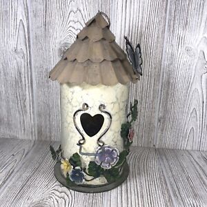 Vintage Chic Hanging Metal BirdHouse Distressed chippy paint Heart Flower~feeder