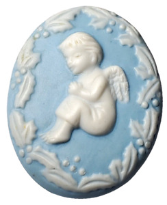 Vintage Signed Jasperware Brooch Baby Blue Cameo Style Angel Cherub Boy 1.75