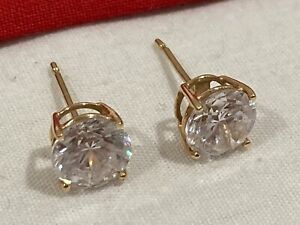 Vintage 14k Solid Yellow Gold CZ Cubic Zirconia 1.5 Carat Stud Earrings Signed