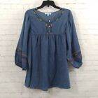 She + Sky Top Womens XL Blue Embroidered Chambray Peasant Boho Cottage Hippie
