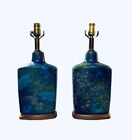 VINTAGE PAIR (2) MID CENTURY CERAMIC POTTERY ATOMIC BLUE GREEN DRIP GLAZE LAMPS