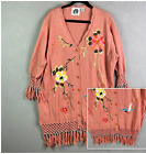 Storybook Knits Long Cardigan Sweater  2X Orange Peony Knit Embroidery Fringe