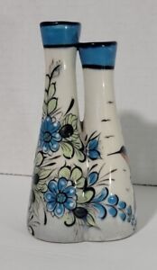 KEN EDWARDS Vintage Double Neck Bud Vase Guatamalan Maya Blue Painted Pottery 6